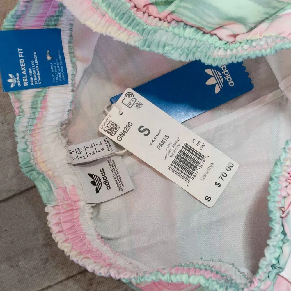 NWT adidas Relaxed Fit Multi-pink, green, cream Marble Dye Nylon Track P…